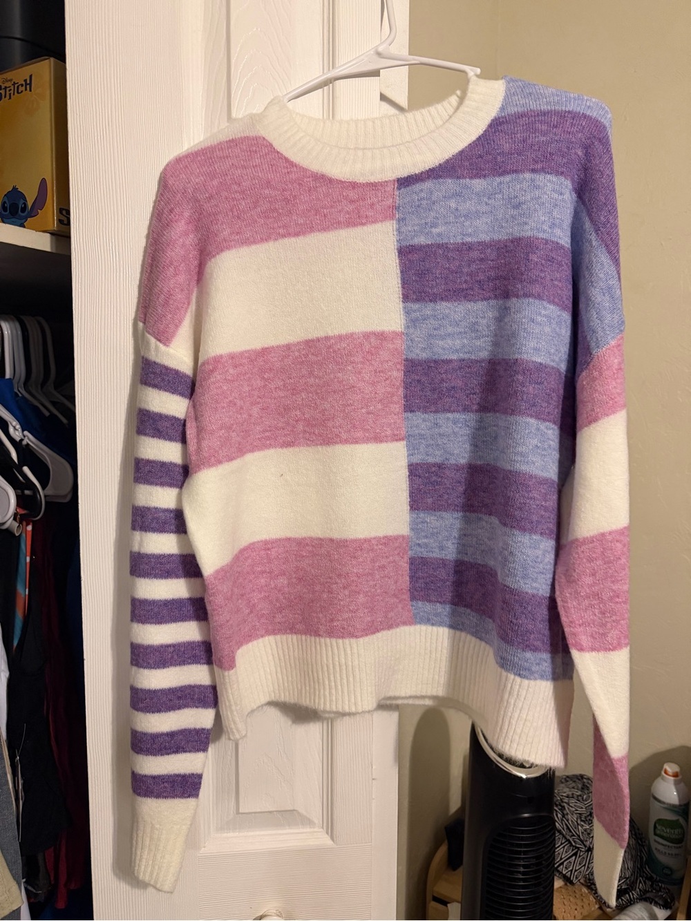 Striped Colorblock Crewneck Sweater - Lavender, Purple & Cream